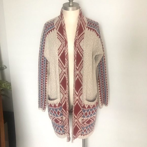 Lucky Brand long tan aztec design open front cardigan size XS - Picture 1 of 6